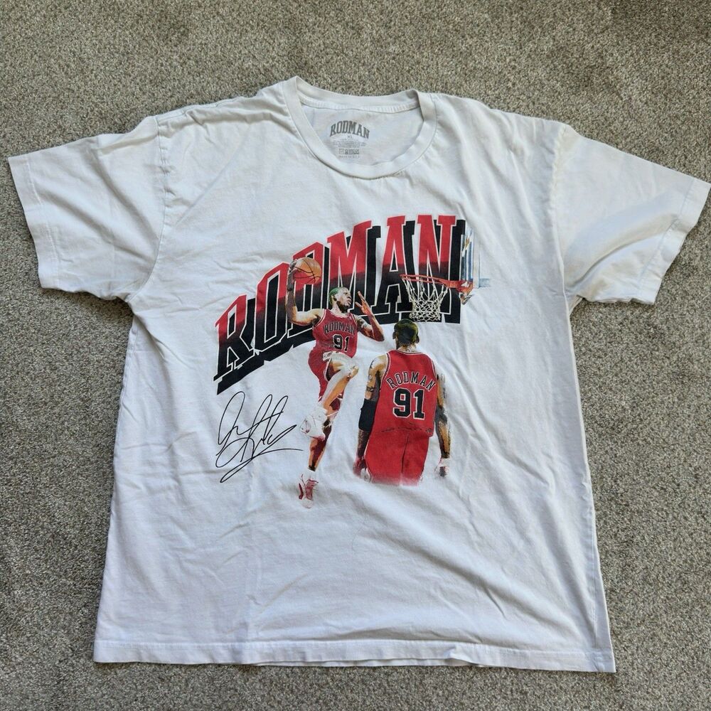Dennis Rodman Graphic T Shirt Men’s XL White Chicago Bulls NBA Cotton Tee